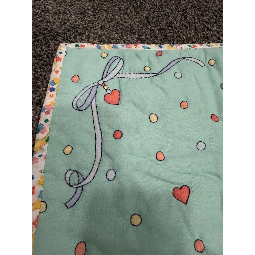 Vintage Sue Dreamer Teddy Bear Baby Quilt Blanket Mint Green Pastel 33x43